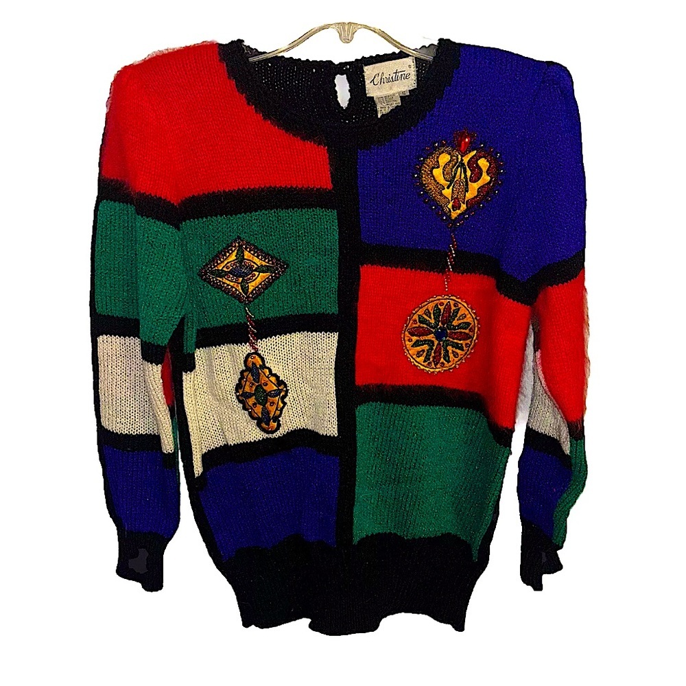Vintage Christine Hand Beaded Colorful Solid Back Knitted Sweater Size SMALL